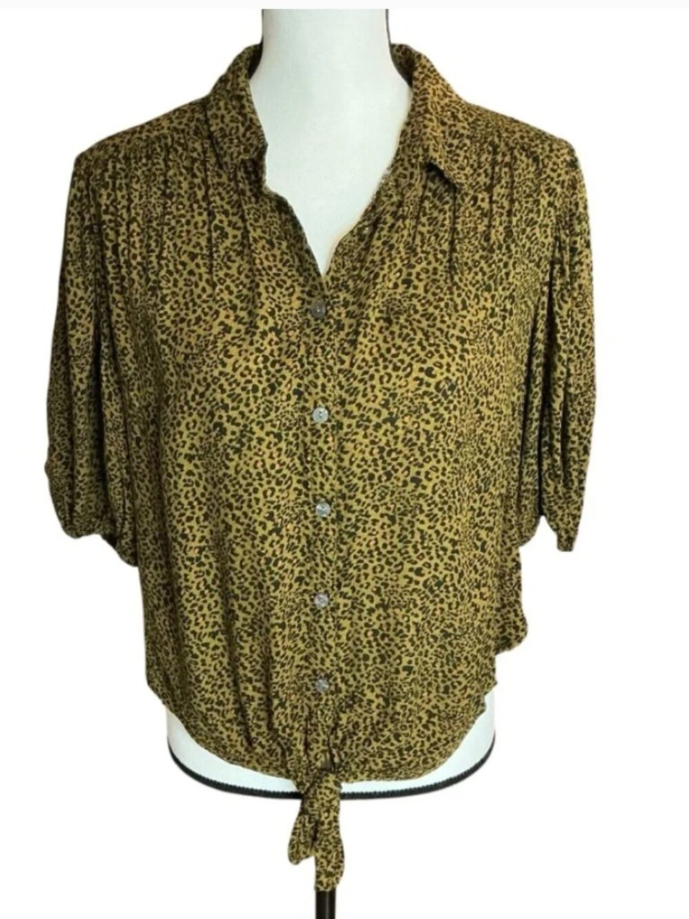 Free People Leopard Button Down Shirt Short Sleeve Knot Waist Front Size Medium
